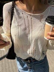 Chiquease Women's Casual Solid Color Short Hollowed-Out Knit Sweater