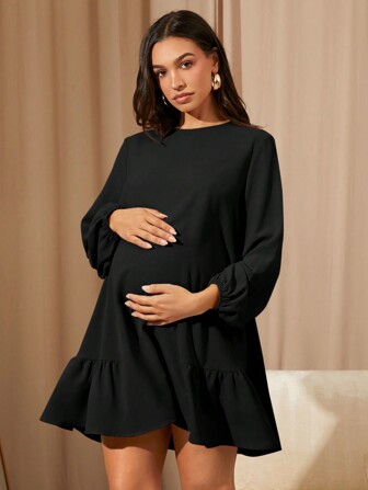 MaterniWear 女士休闲宽松长袖卡其色连衣裙，秋冬季短裙，办公室/工作/返校/教师装，孕妇装