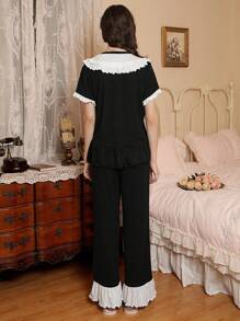 Côtesoire Elegant Romantic Color Blocking Ruffle Trim Women Pajama Set Holiday Season - Black and White - View 2