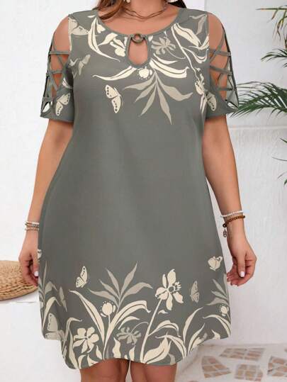 SHEIN VCAY Vestido Casual de Férias com Estampa de Planta e Desenho Cruzado para Mulheres Plus Size