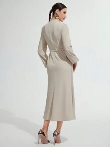 Modelyn Ladies' Solid Color Turtleneck Lantern Sleeve Elegant Arabian Dress - Khaki - View 2