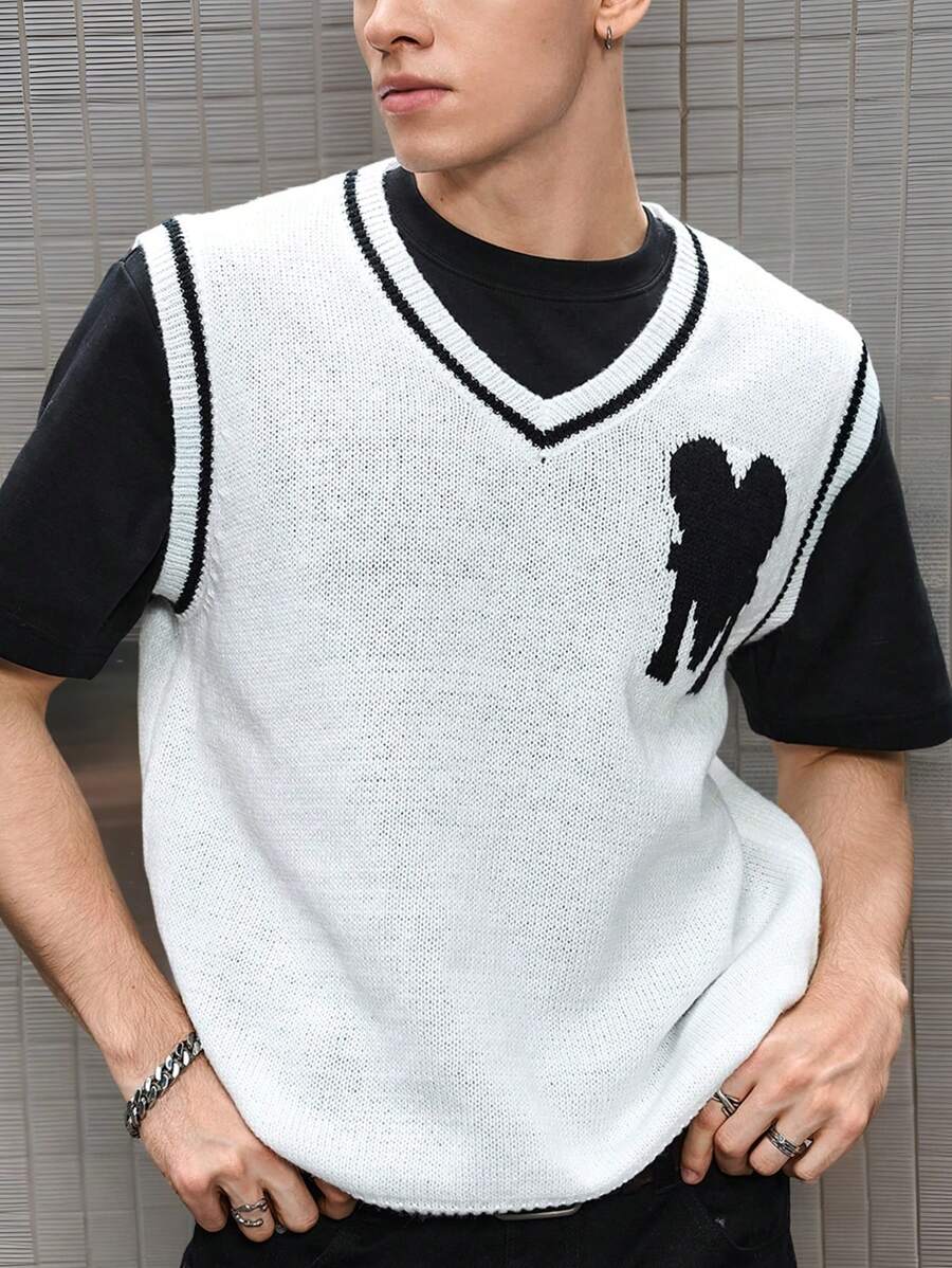 Manfinity CasualKnits Men's Jacquard Pattern V-Neck Contrast Trim White Sweater Vest - Multicolor - View 1