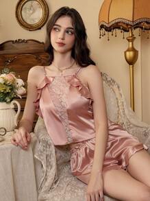 荷叶边蕾丝装饰女士睡衣套装