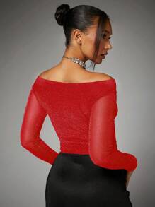 SHEIN BAE Women's Glitter Off Shoulder Fitted Cropped T-Shirt - Red - View 2