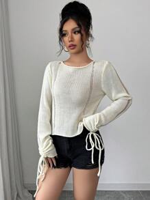 Chiquease New Hollow Out Loose Knit Drawstring Asymmetrical Neck Round Neck Long Sleeve Casual Women Pullover Sweater Knit Pullover Fall Winter Sweater - Apricot - View 3