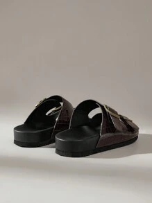 Solecia Casual Black Flat Sandals With Metal Square Buckle, Ideal For Vacation Spring Break Easter