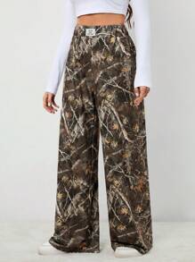 SHEIN Tall Women's Basic Knitted Camouflage Stretch Comfort Army Green Wide Leg Sweatpants