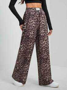 SHEIN Tall Women's Leopard Print Woven Waistband Patchwork Wide Leg Street Trousers