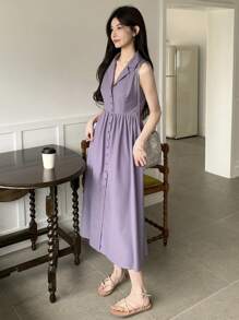 DAZY 女士纯色翻领单排扣无袖休闲中长连衣裙夏季吊带裙，返校季服装鸡尾酒裙 - 淡紫色 - 查看 6