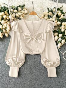 SHEIN LUNE Women's Solid Color Elegant Flared Sleeve Bow Decor Loose Blouse - Apricot - View 1