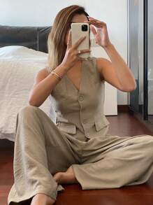 DAZY 女士两件套西装：纯色单排扣马甲和阔腿短裤套装 - 米色 - 查看 1