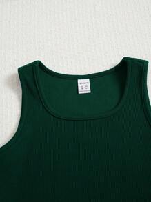 SHEIN Tween 女童针织纹理圆领无袖上衣和宽松短裤两件套休闲套装 - 綠色 - 查看 3