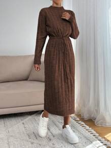 SHEIN Cottnline Knitwear Maxi Dress With Cord Detail On Waist - Brown - View 6