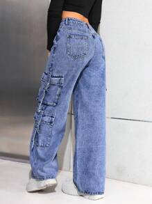 SHEIN Teen Girl Y2K Fashion Stonewashed High Waisted Baggy Straight-Leg Cargo Denim Jeans Pants With Utility Pockets Versatile Style, Girls Spring Summer Streetwear - Medium Wash - View 2