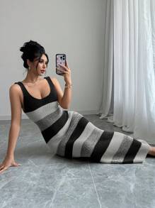 Elenzga Damen gestreiftes gestricktes ärmelloses figurbetontes Kleid