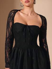 SHEIN BAE 女士纯黑色长袖蕾丝拼布宽松连衣裙，适合宴会、派对、情人节、节日派对、浪漫约会、伴娘礼服、黑色连衣裙、生日礼服、礼服、新年礼服