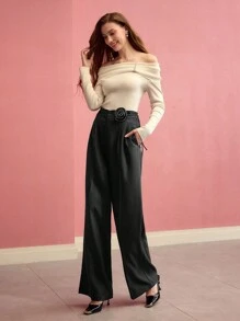 MOTF PREMIUM RHINESTONE CHAIN STEREO FLORAL WIDE LEG SUIT PANTS,VALENTINE'S DAY - Black - View 6