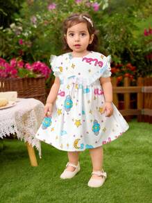 SHEIN Baby Girl Cute Aerospace Space Shuttle Woven Bubble Sleeve Ruffle Collar Dress - Multicolor - View 1