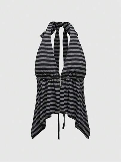 Grunge Punk سترة بحمالات رفيعة مزينة بشارة مرصعة بالراين ذات طراز شارع بنكي مثير للنساء، بأسلوب الطراز اليوم وغدا ، مخطط