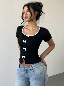 Aloruh Áo thun tay ngắn họa tiết nơ tương phản cho nữ, phong cách tối giản để mặc thường ngày - màu đen - Xem 5