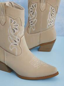 Mini mi Botas vaqueras beige con corte láser para niños, de diseño de media pantorrilla con puntera puntiaguda y tacón apilado para comodidad todo el día, Best Seller - Beis - Ver 3