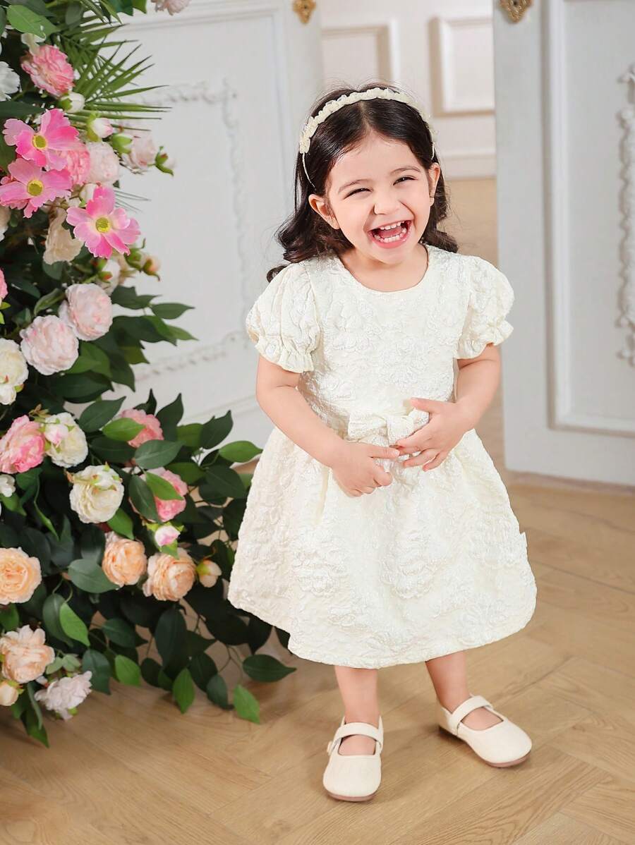 Váy xòe vải họa tiết hoa cho bé gái, phong cách công chúa thanh lịch và mơ mộng - Màu be - Xem 1