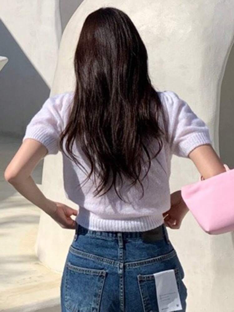 Women Floral Decor Crew Neck Cropped Cardigan, White, Spring/Summer