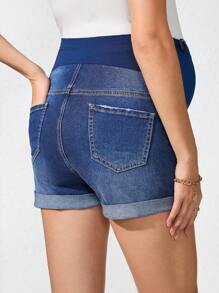 SHEIN Maternity Pocket Ripped Simple Denim Shorts, Casual Daily Wear - Dark Wash - View 2