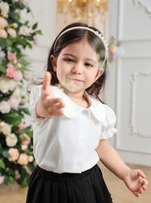 SHEIN Blusa básica diaria con cuello y mangas abullonadas para niña, combinando dulzura y elegancia - Blanco - Ver 2