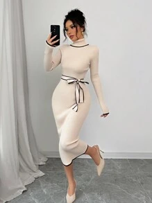 Selianne Váy len dệt kim cổ lọ bó sát thanh lịch dành cho nữ có chi tiết nơ - Màu be - Xem 7