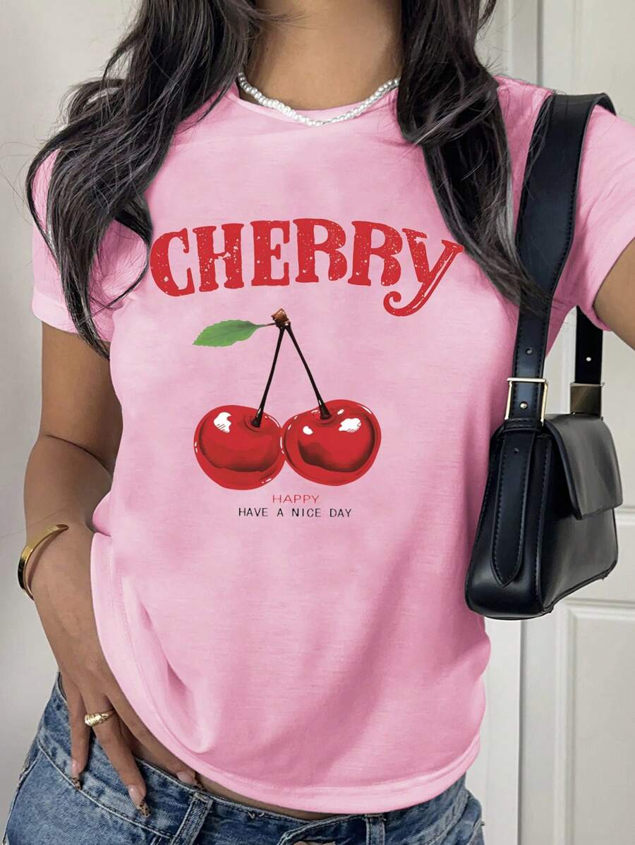 SHEIN EZwear 休闲樱桃印花圆领短袖修身女式 T 恤，适合夏季 - 粉色 - 查看 1