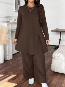 Calvaya Set de 2 piezas Conjunto informal de talla grande de manga larga con bajo dividido en unicolor, para otoño - Café integral - Ver 4