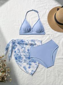 Tween Girl Solid Color Halter Neck Bikini Top And Bottom Swimwear Set - Blue - View 1