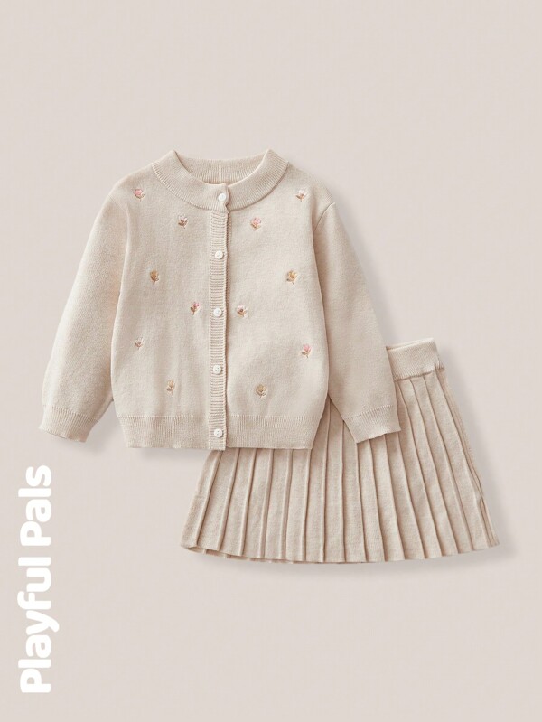 Playful Pals 2 bucăți fete tinere broderie florală tricot cardigan și seturi de fuste plisate, costume drăguțe/de epocă/casual pentru școală și în aer liber, ținute de primăvară/vară