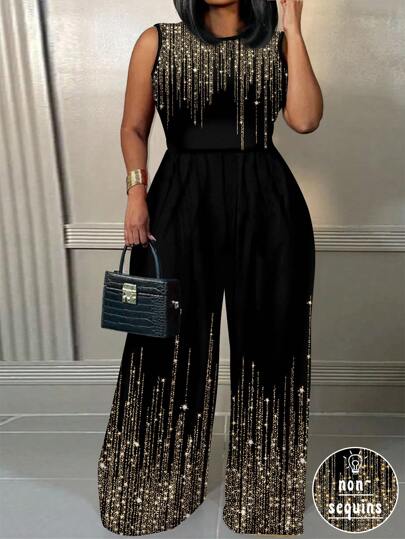 Slaydiva Plus Size Sparkling Line Graphic Print Sleeveless Jumpsuit, Suitable For Spring/Autumn