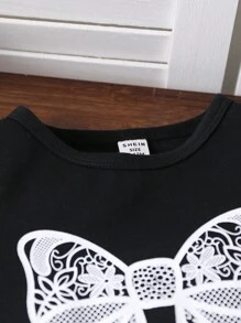 SHEIN Baby Girls Can Wear Elegant, Cute, Casual And Simple Three-Dimensional Bow Printed Knitted Short Sleeved Jeans Set In Spring, Summer And Autumn