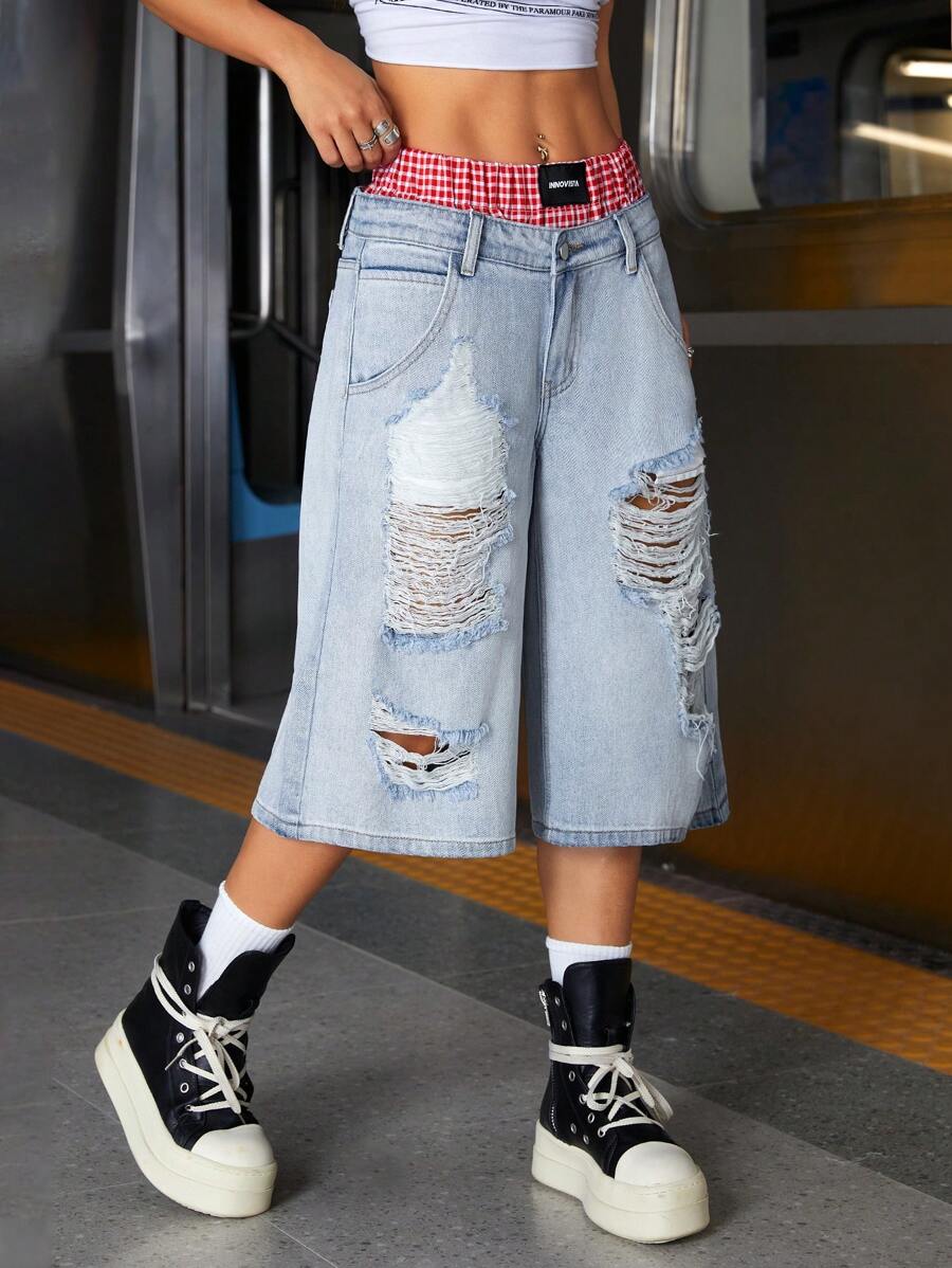 SHEIN ICON 女式休闲破洞拼布高腰七分牛仔裤 - 淺色水洗藍 - 查看 1