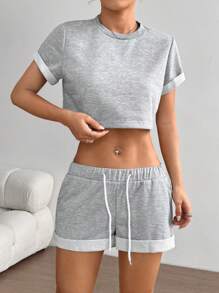 Flirla Casual Crew Neck Pullover Short Sleeve Cropped Sweatshirt With Elastic Waist Drawstring & Side Pockets, Folded Hem Shorts 2Pcs Set