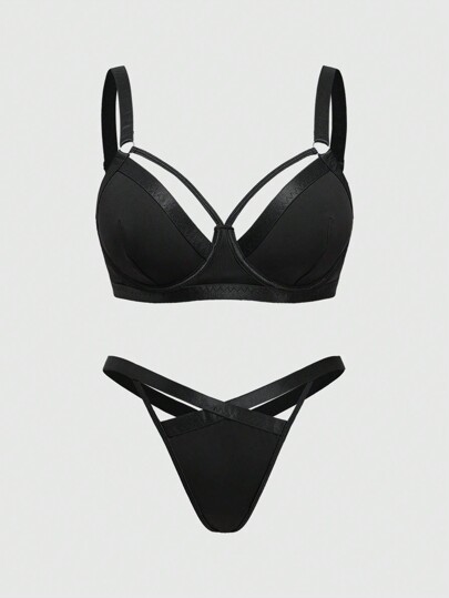 Goth Plus Size Gothic Punk Underwire Bra And G-String Sexy Lingerie Set