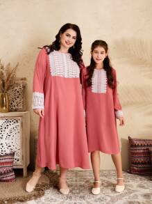 SHEIN Girls Watermelon Pink Ruffle Trim Round Neck Long Comfortable Casual Dress, Mommy And Me Matching Outfits (2 Pieces Sold Separately) - Watermelon Pink - View 5