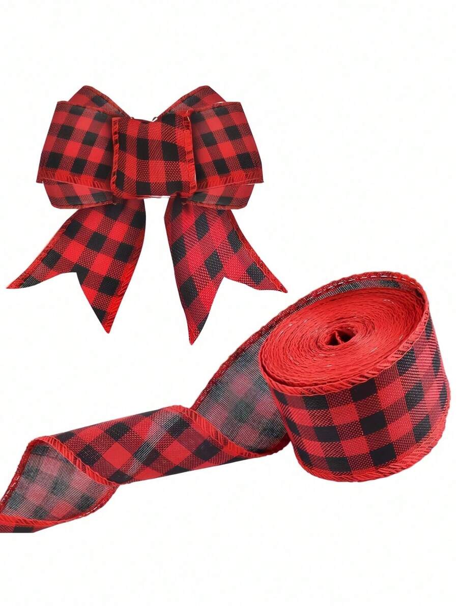 1/2/3 Roll 5Cm*5M Wired Edge Red And White Plaid Ribbon Bow, Burlap Ribbon Farmhouse DIY Gift Packaging, Craft Packaging, Bouquet Binding, Bow Garland Tree Decoration, Suitable For Weddings, Parties, Birthday Decorations, Gift Packaging