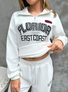 EURMUSE Contrast Slogan Embroidered Zipper Polo Neck Crop Sweatsuit Two-Pieces Set - Champagne - View 5