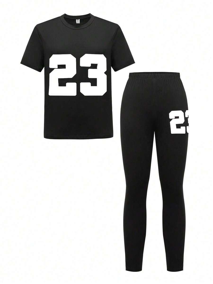 2pcs/Set Teenage Girls Casual Sports T-Shirt And Fitted Legging Pants Set, Knit Material