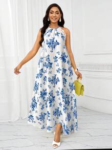 SHEIN Lady Robe longue élégante et fleurie avec un col ras-du-cou rehaussé, en bleu et blanc. Robe décontractée idéale pour tous les jours et les vacances