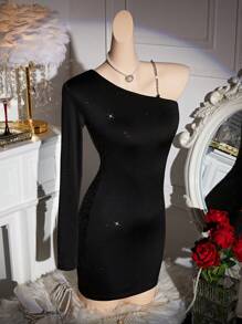 EgrlEra 露背单肩紧身闪光性感派对礼服 - 黑色 - 查看 1