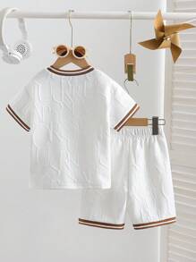 SHEIN Explorewe 2pcs/Set Young Boy Striped Crew Neck Short Sleeve Shirt & Shorts, Casual Outfit - White - View 2
