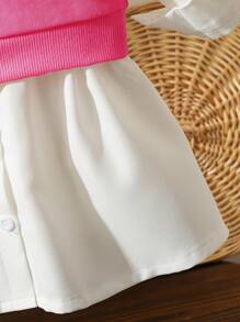 SHEIN 2pcs/Set Baby Girl Casual Black Embroidered Heart Vest And Blue Dress Set - Hot Pink - View 6