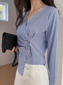 DAZY Women's Striped Waist Cinching Long Sleeve Blouse, Latest Summer Design