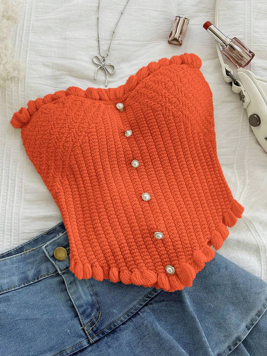 Soleia Women's Button Decor Casual Ruffle-Trim Knit Tube Top - Orange - View 1