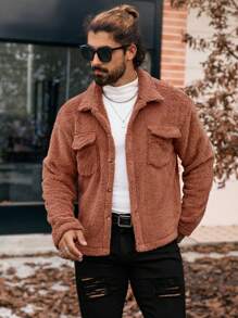 Manfinity CasualCool Men's Solid Color Long Sleeve Cargo Casual Polar Fleece Jacket, Autumn Winter,Men's Solid Color Long Sleeve Jacket, Men Warm Jacket,Winter Men Jacket,Coral Fleece Jacket